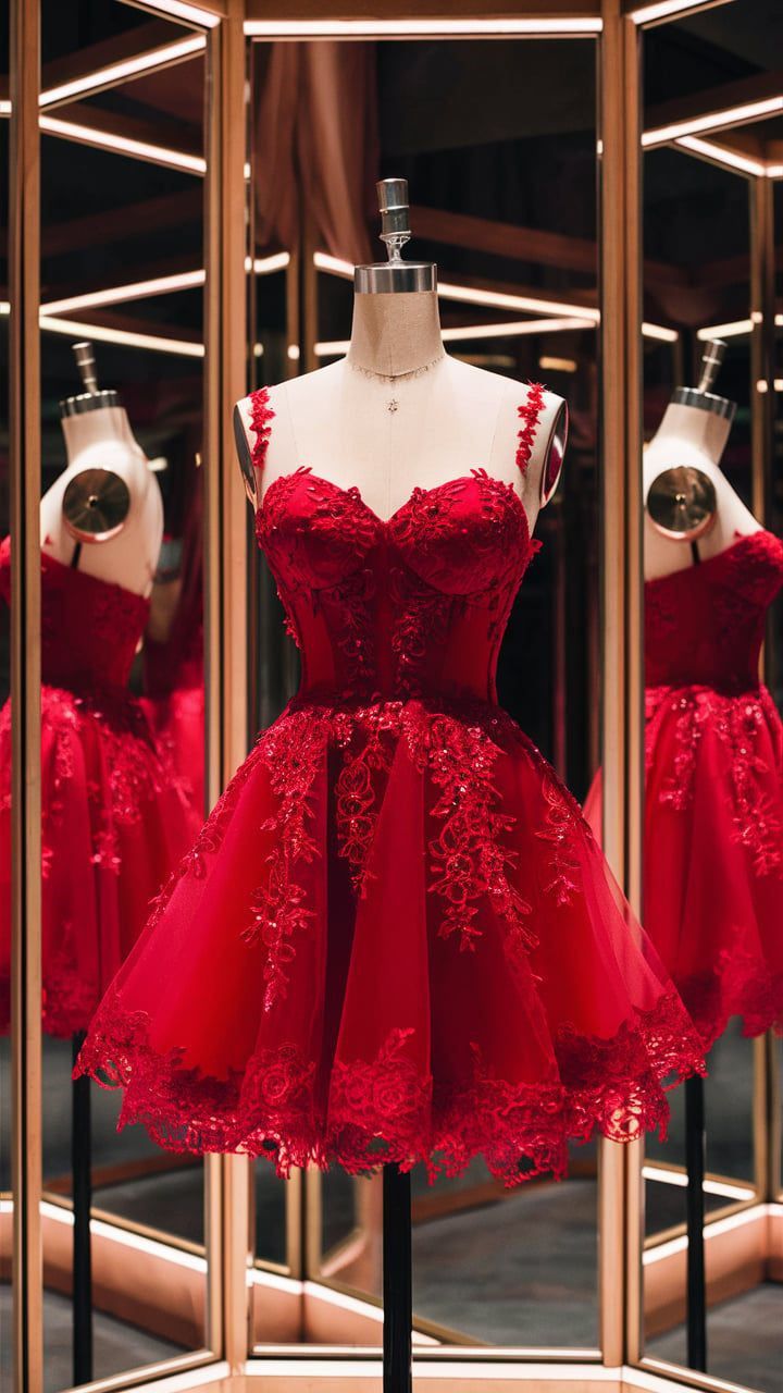 Red lace applique short tulle homecoming dress birthday party dress nv4932