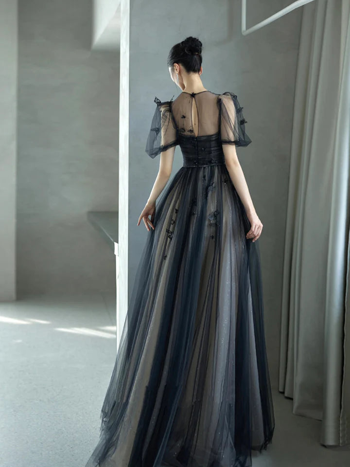 Black Tulle Puffy Short Sleeves A-Line Prom Dress, Black Evening Dress Party Dress nv1698