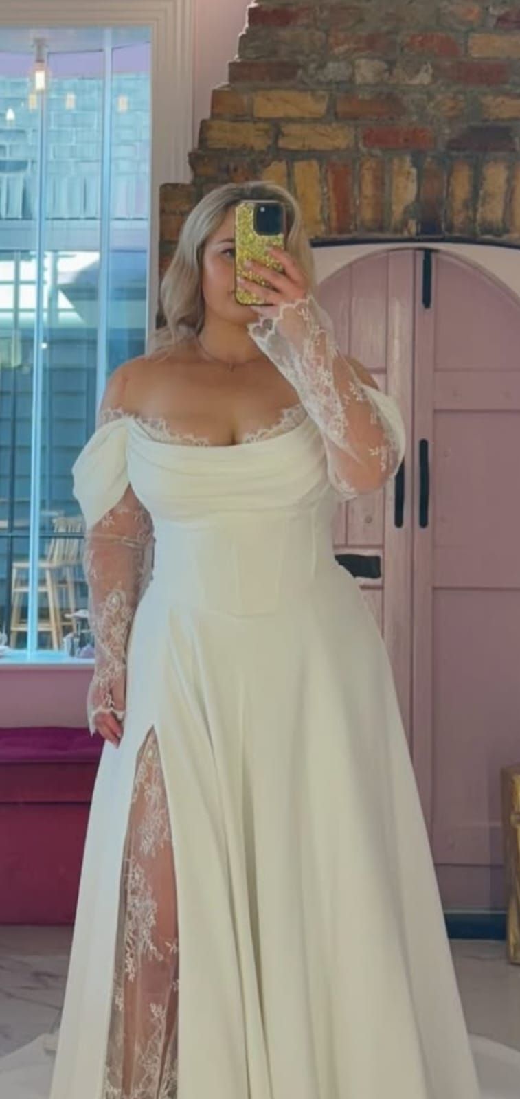 Cream Satin Off-the-Shoulder Lace Sleeve Slit Floor-Length Elegant Wedding Dress NV6232