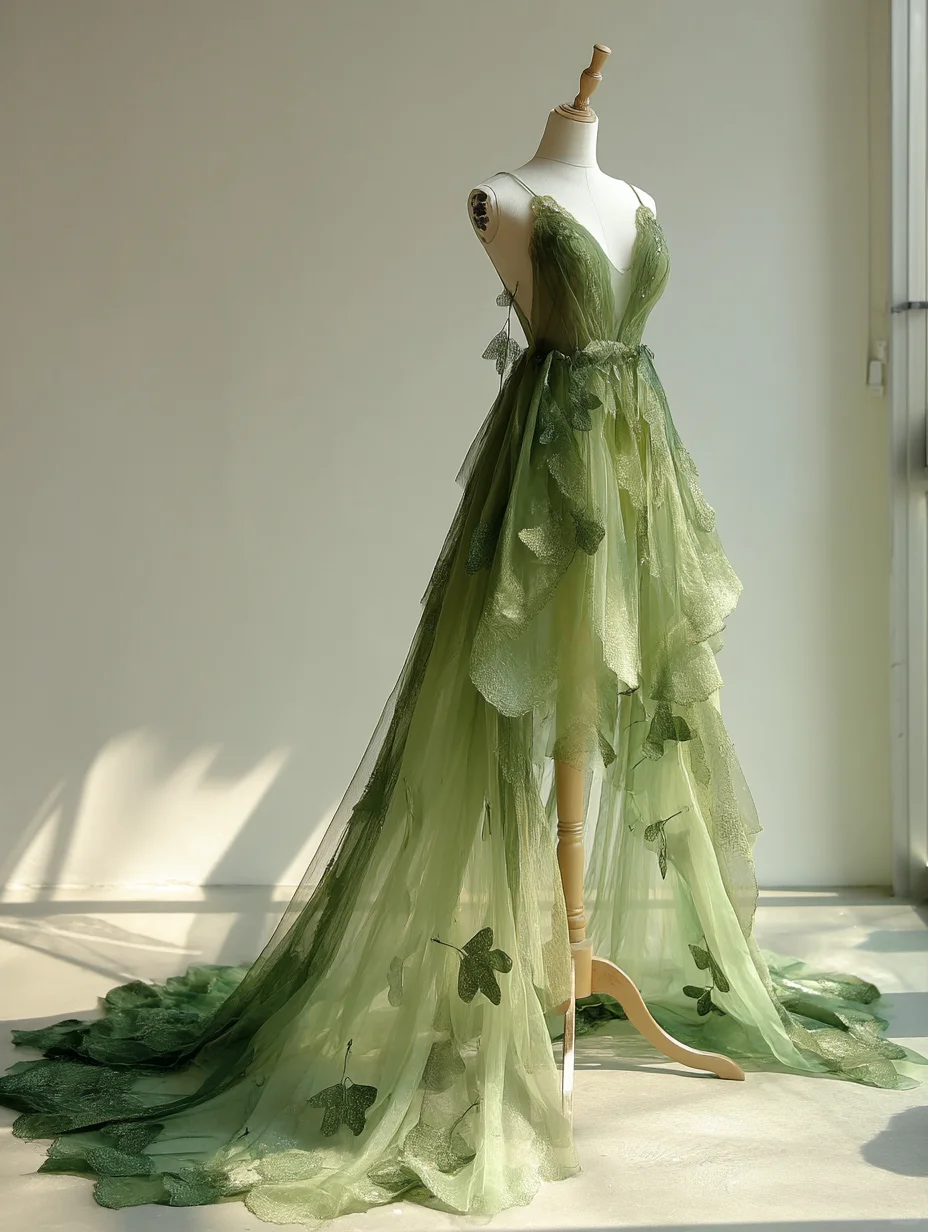Gradient Green Fairy Tulle Gown with Spaghetti Strap and Maple Leaf Appliqué NV7498