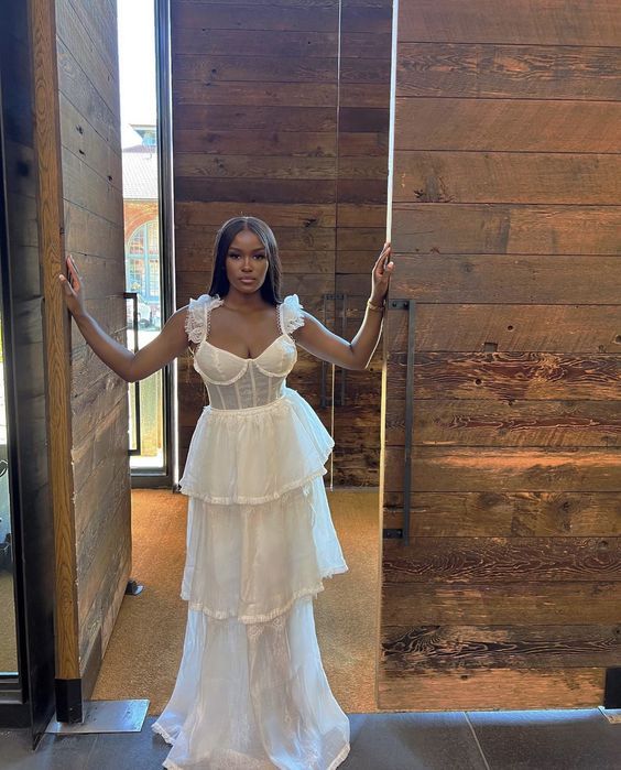 Elegant A-line halter floor-length white lace tiered long evening gown ball gown nv2904