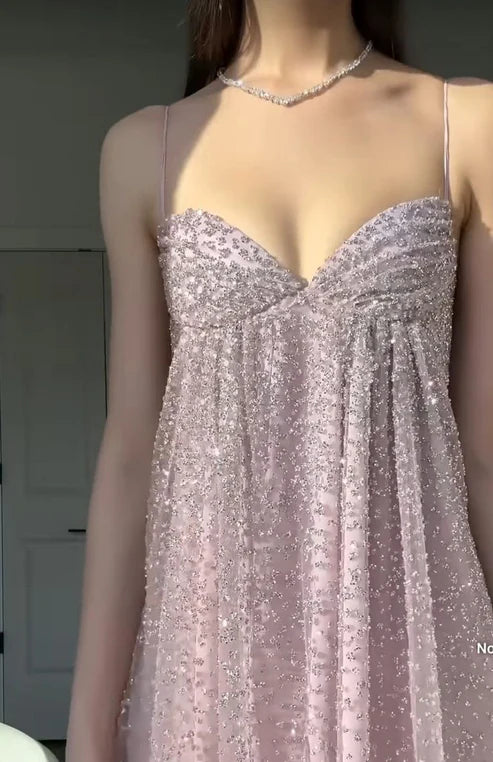 Pink gorgeous shiny spaghetti strap off-shoulder long chiffon prom dress evening dress nv5213