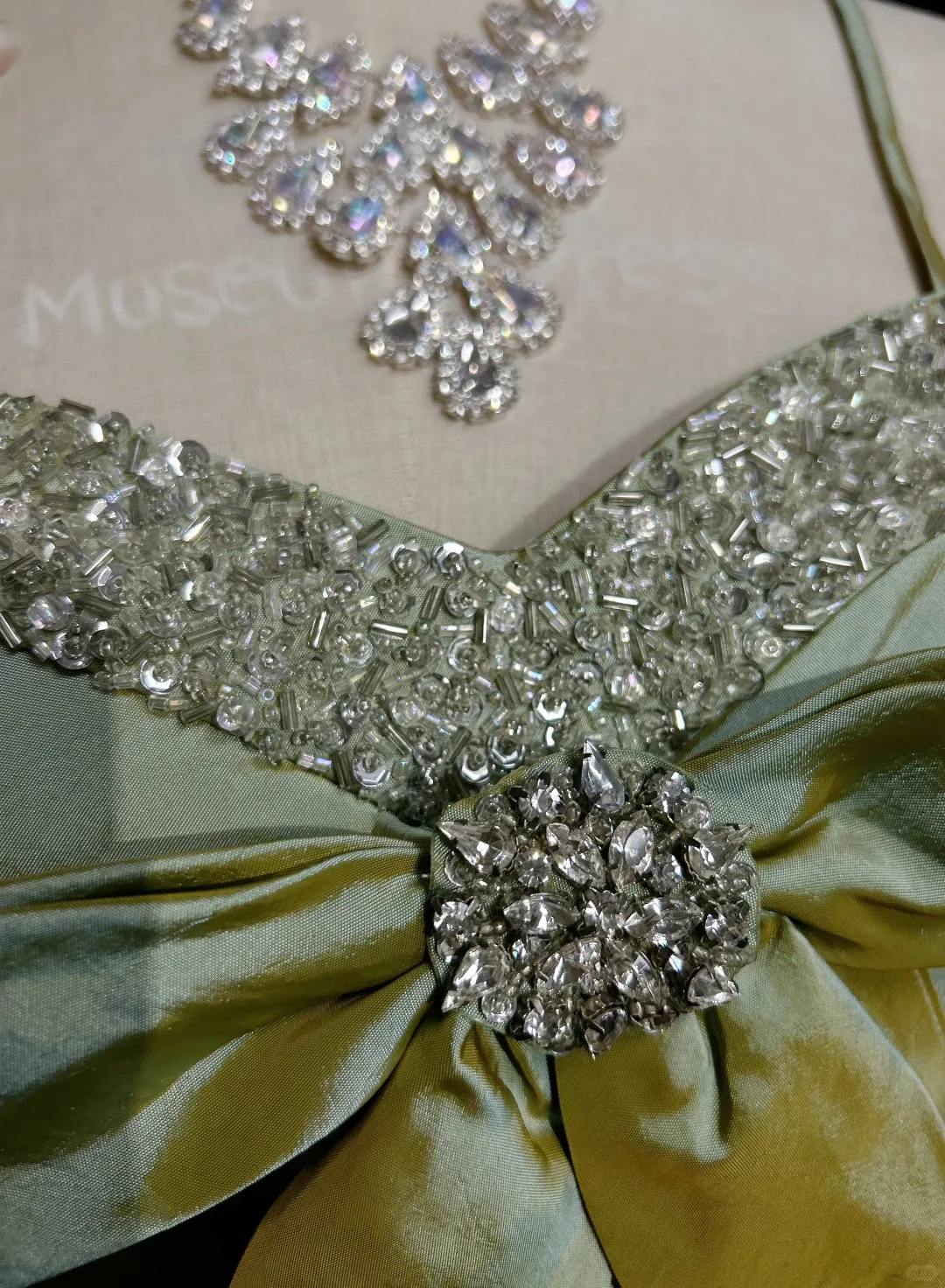 Sage Green Spaghetti Straps Short Prom Dress Rhinestone Trim Satin Bows Voluminous Tulle Mini Formal Gown NV6894