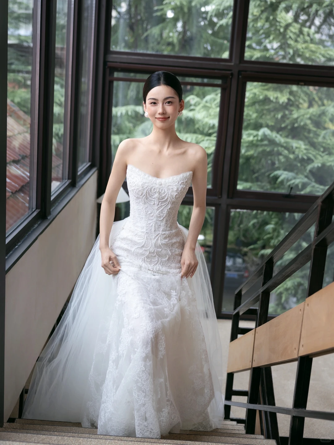 Ivory Strapless Lace Sequin Mermaid Wedding Gown Detachable Tulle Train NV7192