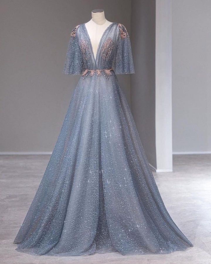 Blue Gorgeous Exquisite Floral Applique Sexy V-Neck A-Line Sequined Long Tulle Elegant Floor Length Ball Gown Evening Dress nv3813