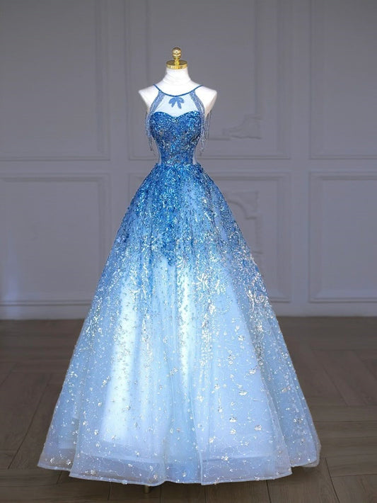Blue luxurious beaded, sparkling, gorgeous wedding gown, beaded, sequined, floor-length princess ball gown nv5060