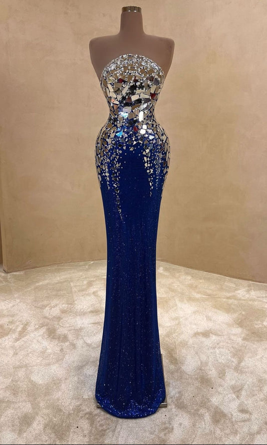 Blue gorgeous mirrored shiny sequins short sexy satin ball gown evening dress nv5074