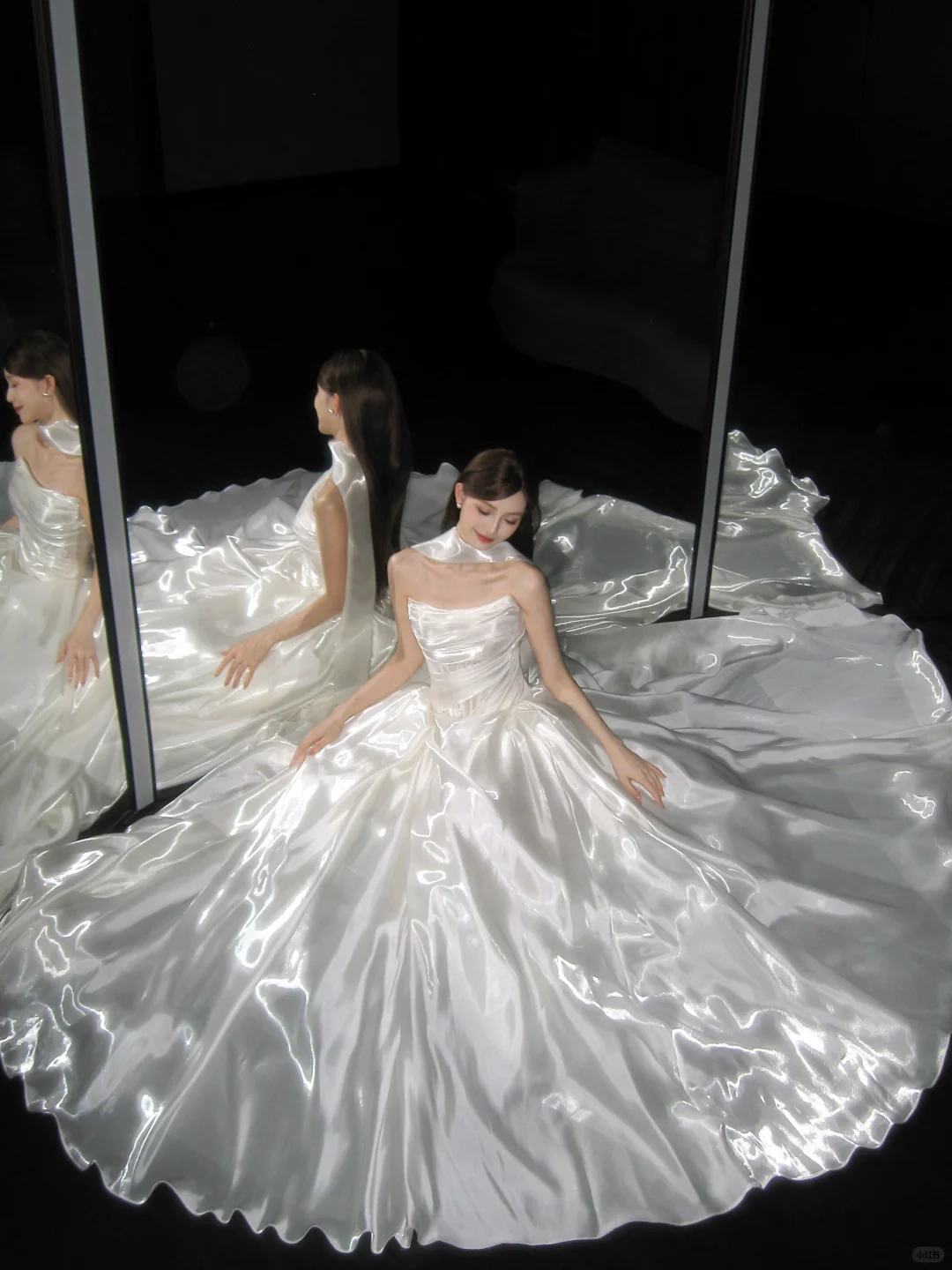 Strapless White Shiny Satin Ball Gown, Princess Wedding Bridal Dress With Neck Ribbon NV7105