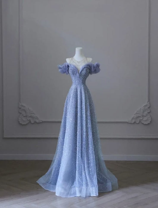 Light Purple Shiny Elegant Sweetheart Neck Long Tulle Sequin Ball Gown Evening Dress Party Dress nv3782