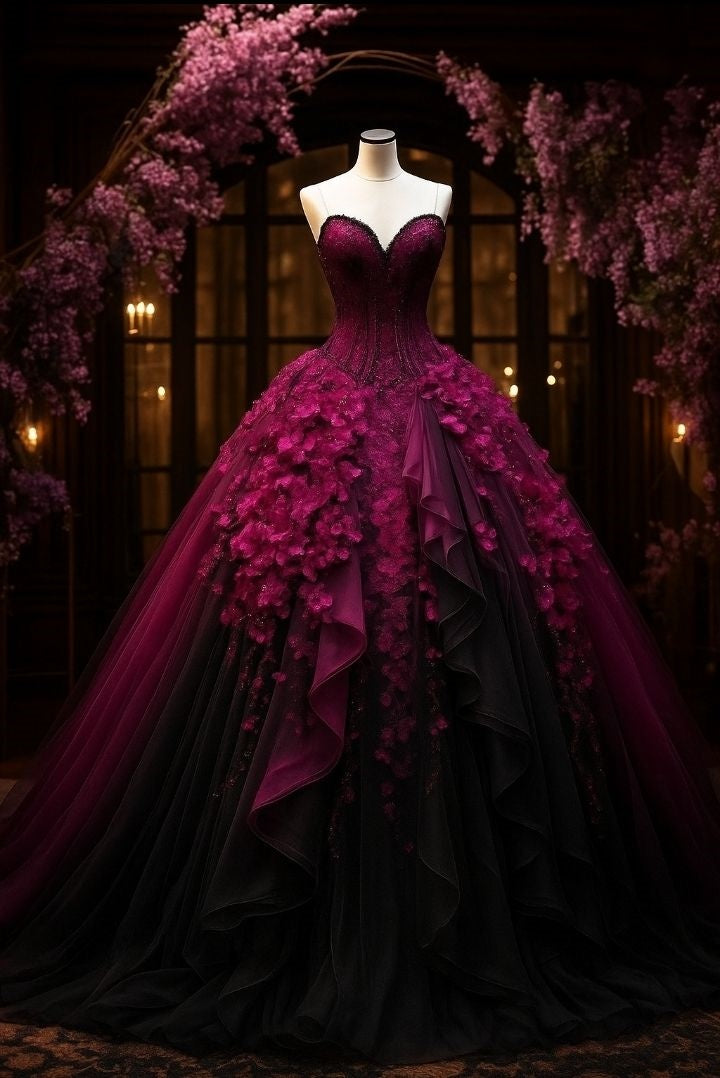 NiceVestidos-Lila-Schwarz Farbverlauf Tüll 3D Blumenmuster Trägerloses Ärmelloses Bodenlanges Schleppenkleid NV6161