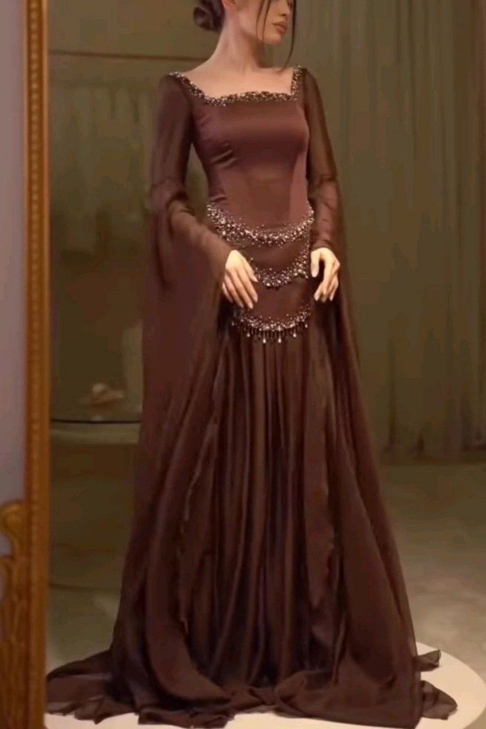 NiceVestidos--Luxurious Dark Brown Satin Chiffon Spliced Square Neck Beaded Flared Sleeve Floor Length Gown NV5755