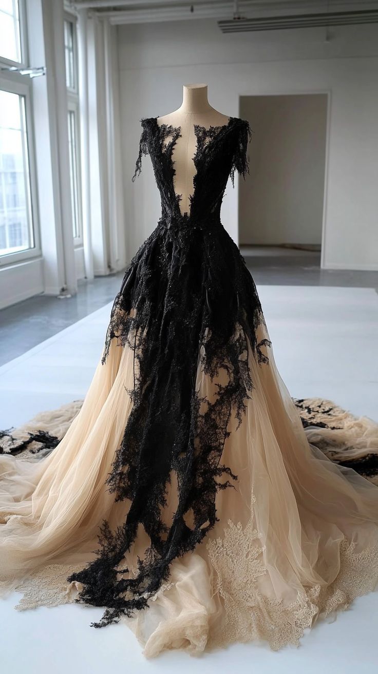 Black Lace & Nude Tulle Short-Sleeve Deep V Dark Luxury Vintage Train Gown NV6258