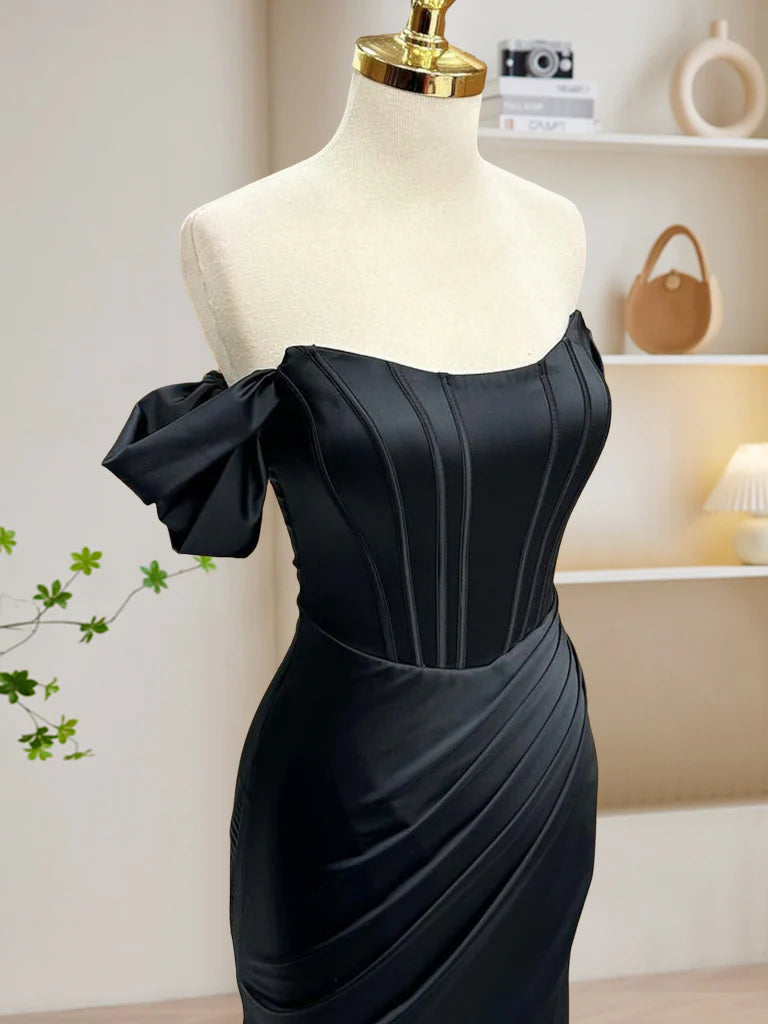 Black Off Shoulder Satin Mermaid Long Prom Dress, Black Long Evening Dress nv1609