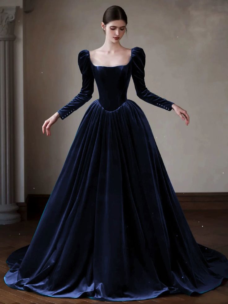 Navy blue long-sleeved elegant ball gown NV6674