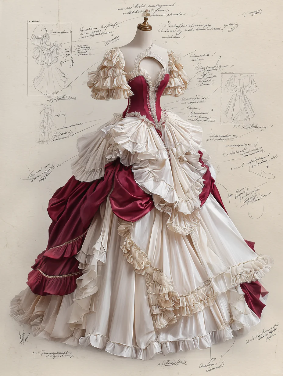 Burgundy Ivory Rococo Victorian Tiered Ruffle Ball Gown with Cutout Neck NV7404