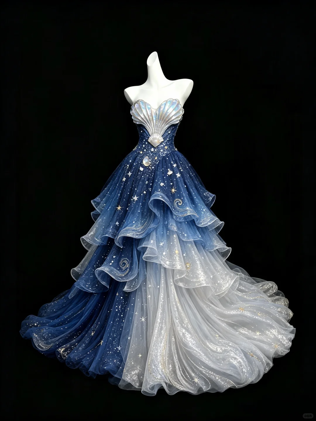 Blue To Silver Ombre Mermaid Prom Dress, Strapless Seashell Glitter Tiered Ruffle Tulle Evening Gown NV7454