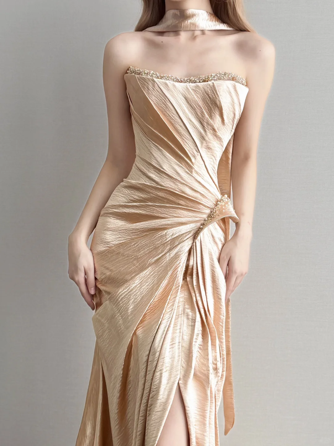 Champagne Gold Satin Mermaid Prom Gown Strapless Ruched Sweep Train NV7166