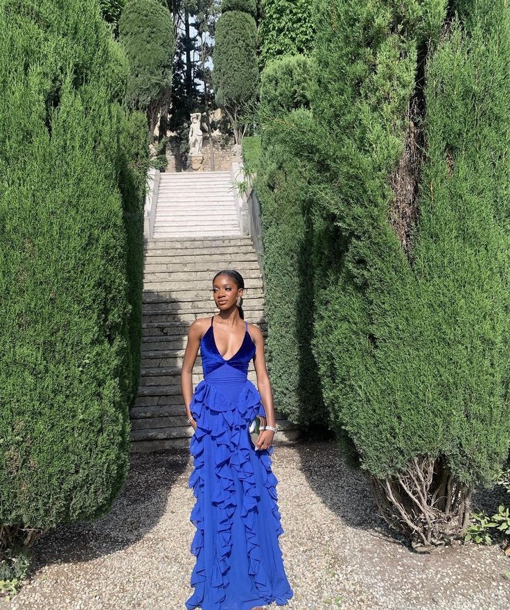 Blaues, modisches Spaghettiträger-Abendkleid mit Quasten und Rüschen, langes Ballkleid, Partykleid, NV2898