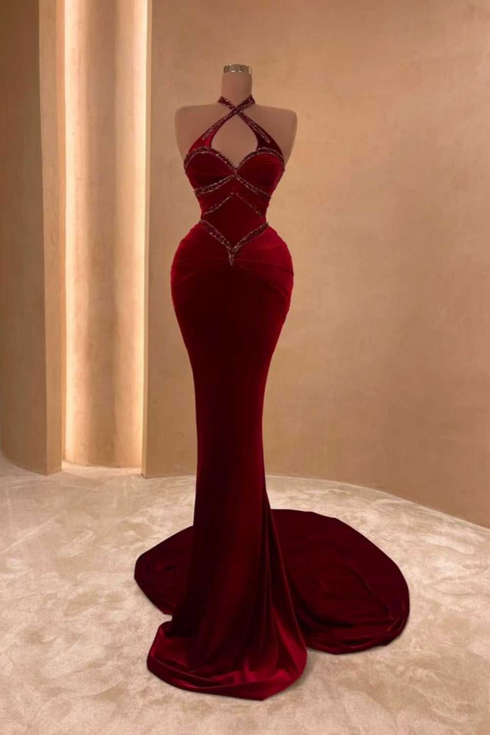 NiceVestidos-Burgundy Exquisite Beaded Long Velvet Prom Dress NV6142