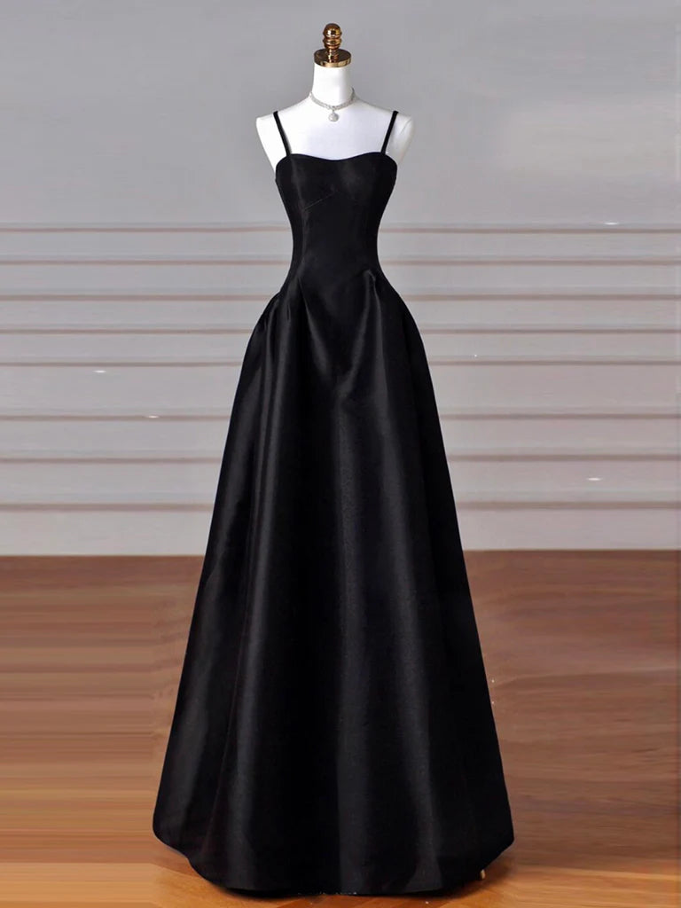 A-Line Sweetheart Neck Satin Black Long Prom Dress, Black Long Formal Dress nv1469
