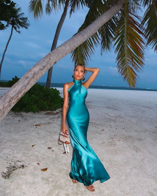 Blue Fashion Halter Neck Long Satin Mermaid Slim Ball Gown Evening Dress Wedding Guest Party Dress nv4801