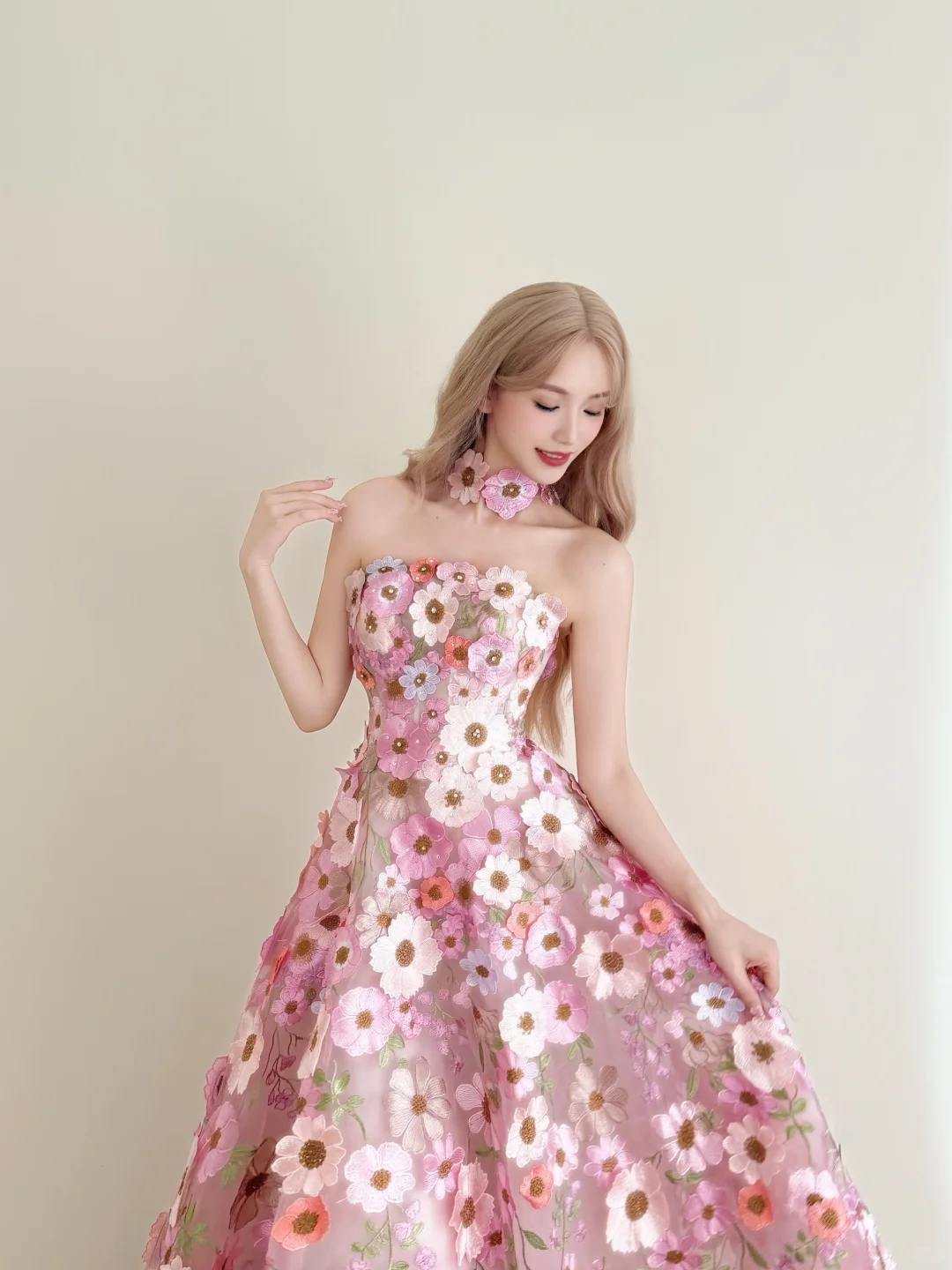 Pink 3D Floral Halter Prom Gown Tulle A-Line Formal Dress NV7171