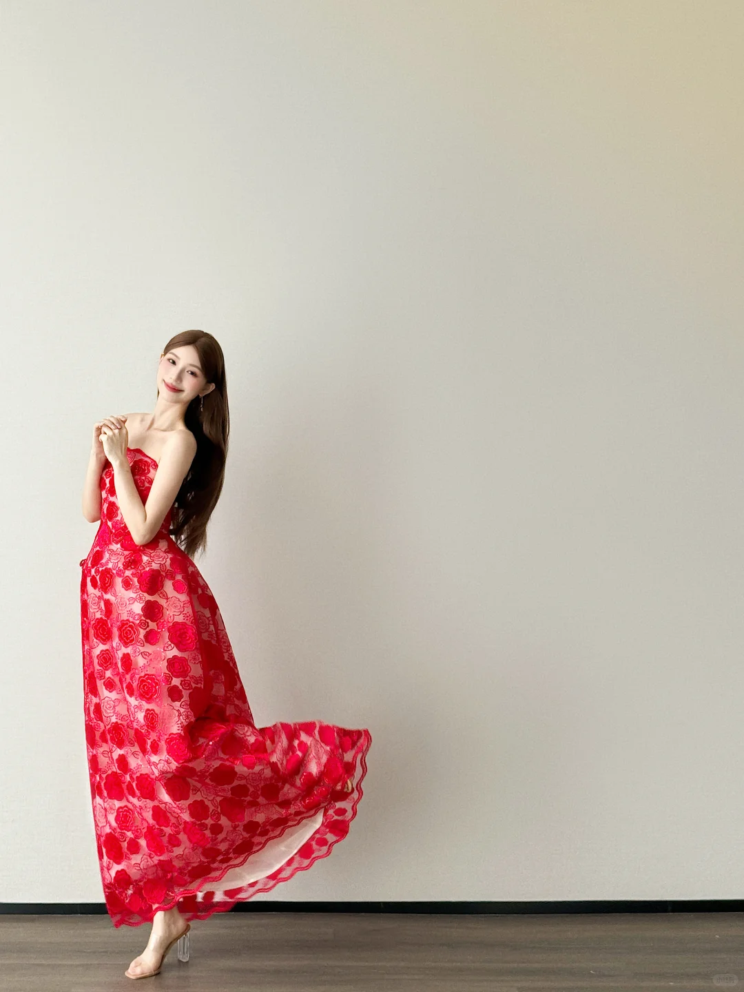 Red Strapless A Line Tulle Evening Dress 3D Flower Applique Gown NV7116
