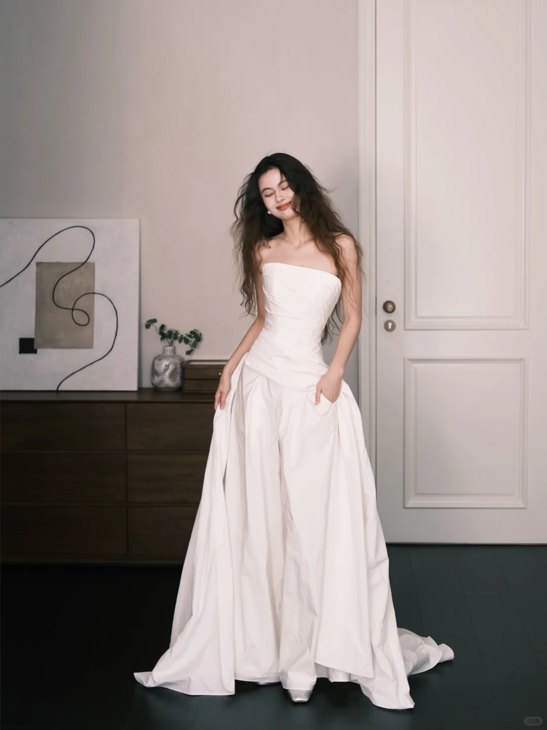 Strapless Ruched White Bridal Jumpsuit with Pockets & Train NV7365