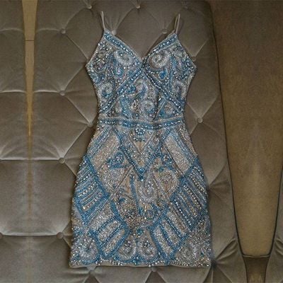 Blue Gorgeous Sparkling V Neck Crystal Beaded Short Homecoming Dress Cocktail Party Dress nv4700