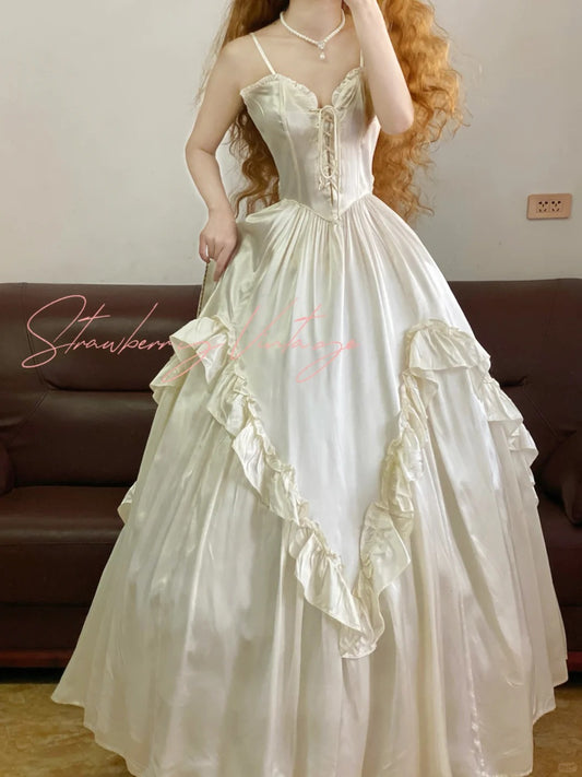White simple retro elegant long princess satin ball gown nv5012