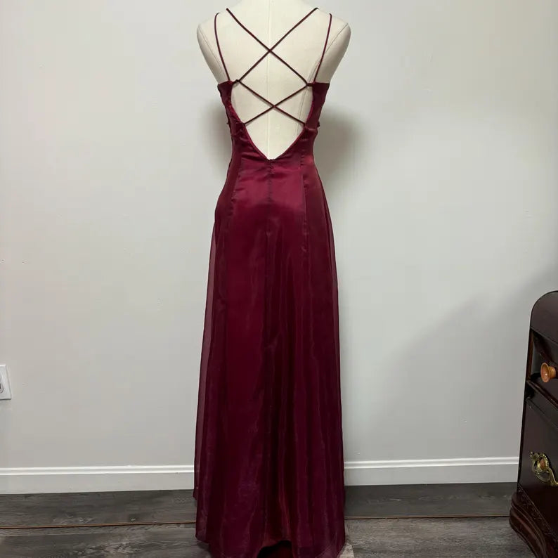 Dark red burgundy retro fashion simple fashion shiny exquisite beaded lace-up back long satin elegant princess ball gown, evening dress, party dress nv3709