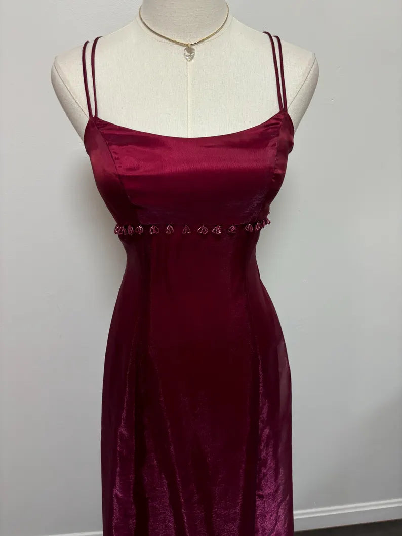 Dark red burgundy retro fashion simple fashion shiny exquisite beaded lace-up back long satin elegant princess ball gown, evening dress, party dress nv3709
