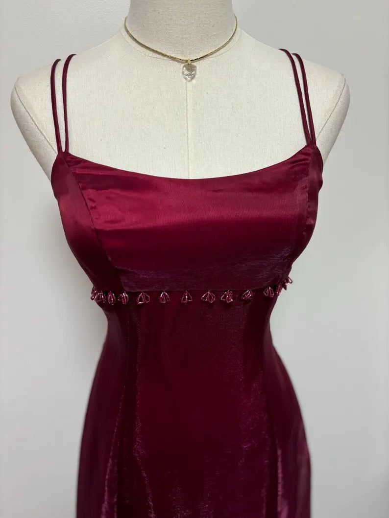 Dark red burgundy retro fashion simple fashion shiny exquisite beaded lace-up back long satin elegant princess ball gown, evening dress, party dress nv3709