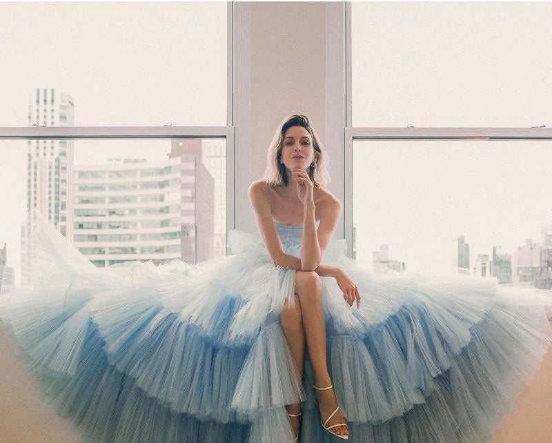 Blue tulle long ball gown evening gown graduation gown evening dress nv1862