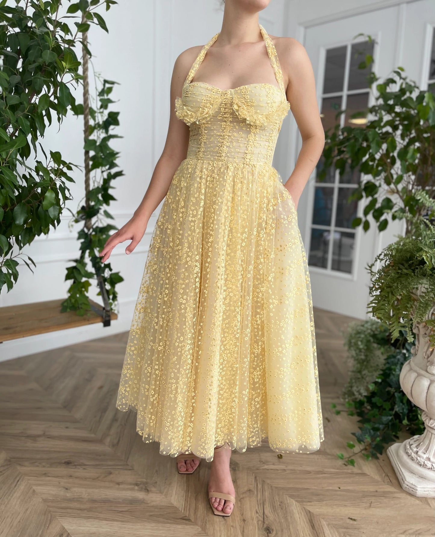 Yellow A-line Lace Prom Dress Backless Ankle Length Evening Dress Corset Party Graduation Dress nv1675