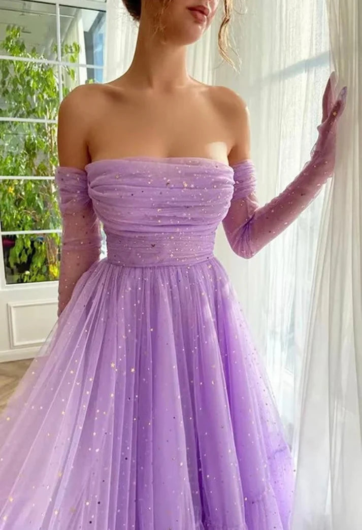 Sparkly Tulle Prom Dresses for Sweet Dress Tea Length Formal Evening Dress Sheer Mesh Party Ball Gown nv1643