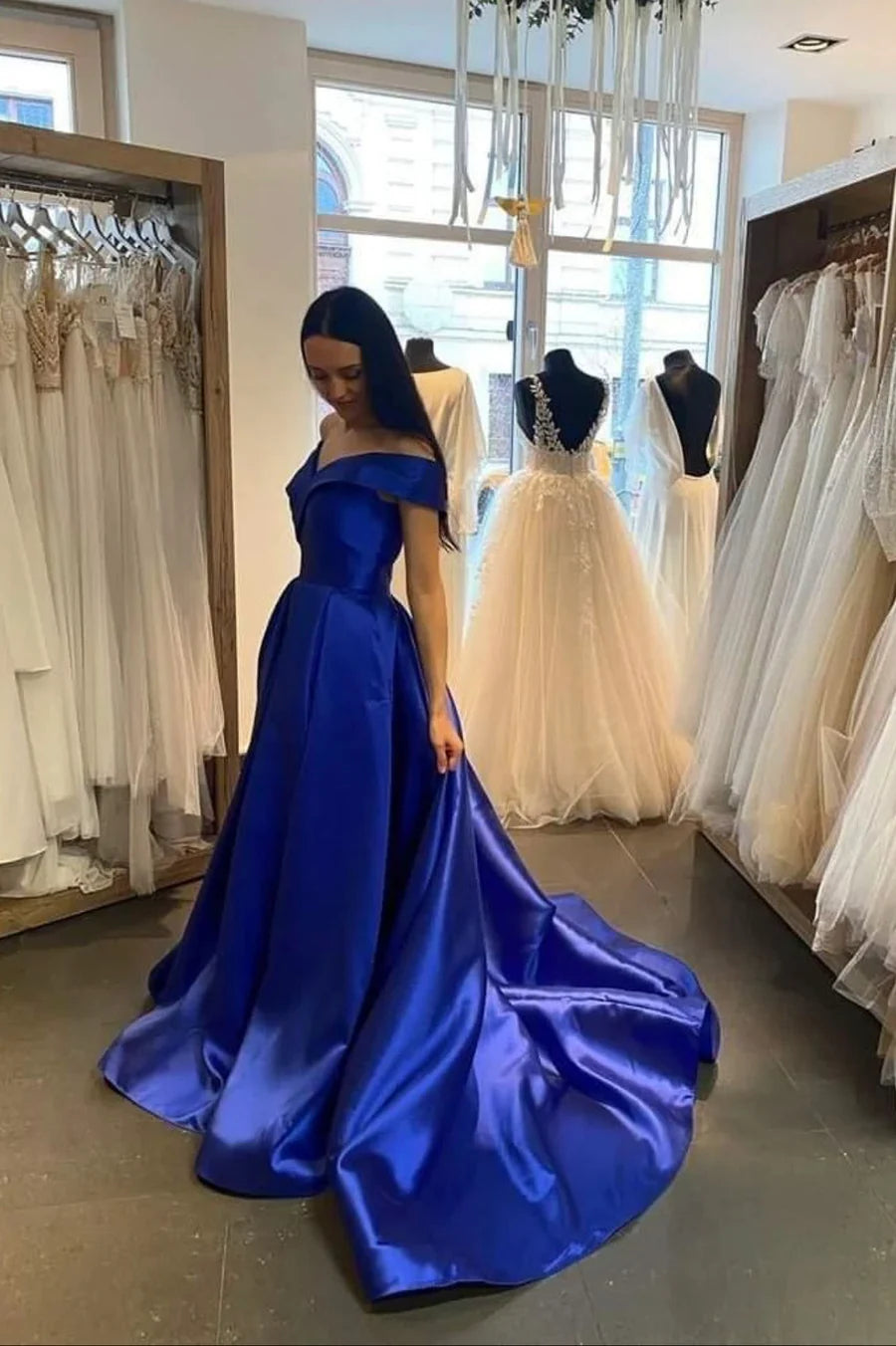 Simple V-Neck Satin Long Prom Dress, A-Line Off the Shoulder Evening Dress nv1443