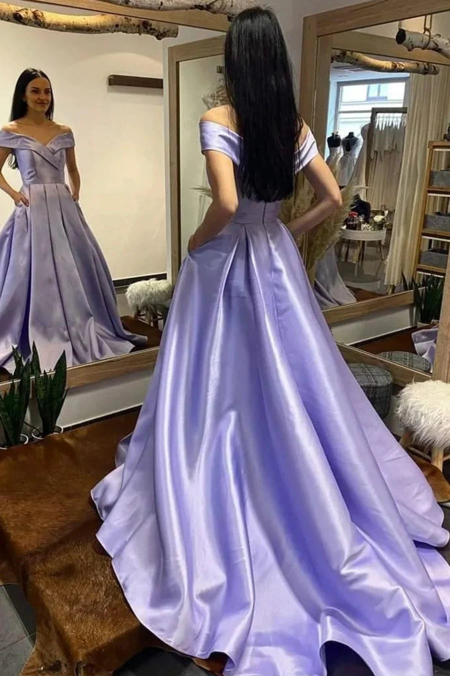 Simple V-Neck Satin Long Prom Dress, A-Line Off the Shoulder Evening Dress nv1443