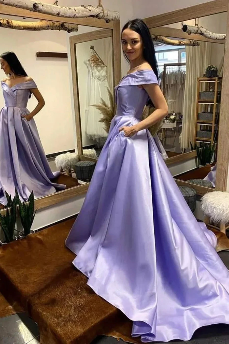 Simple V-Neck Satin Long Prom Dress, A-Line Off the Shoulder Evening Dress nv1443