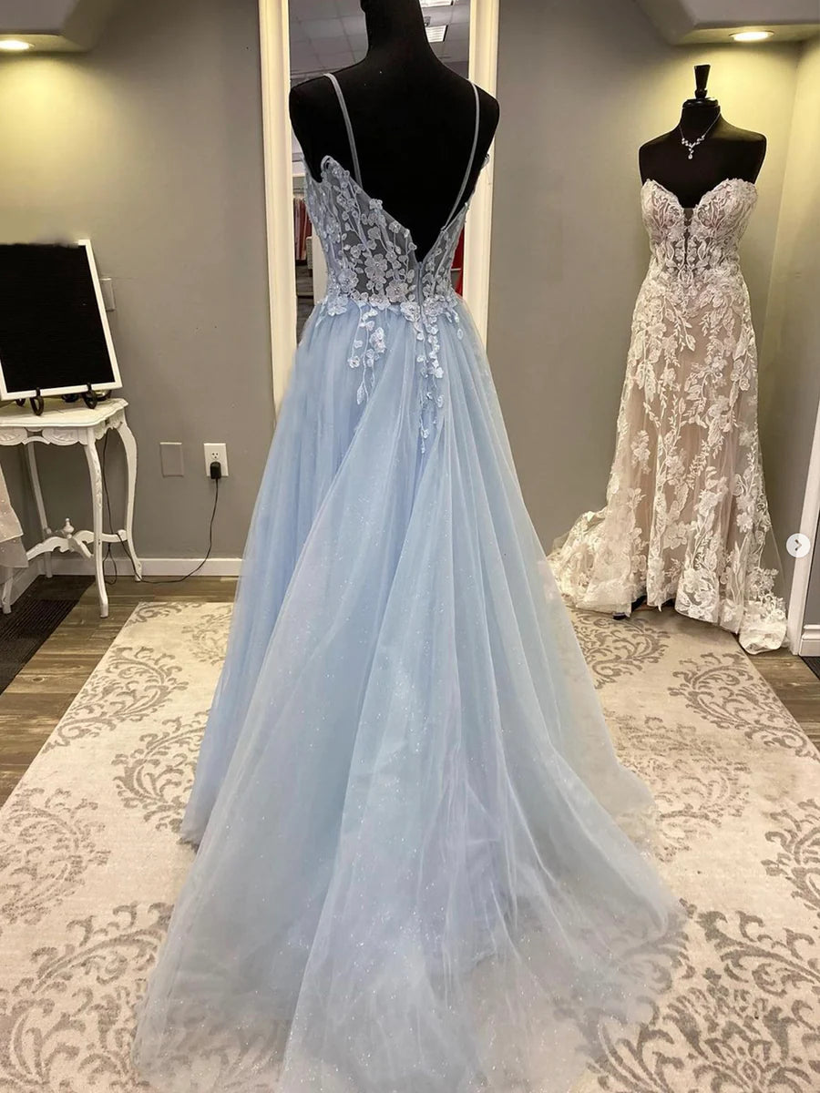 Blue Spaghetti Strap Tulle Long Prom Dress with Lace, A-Line Evening Party Dress nv1430