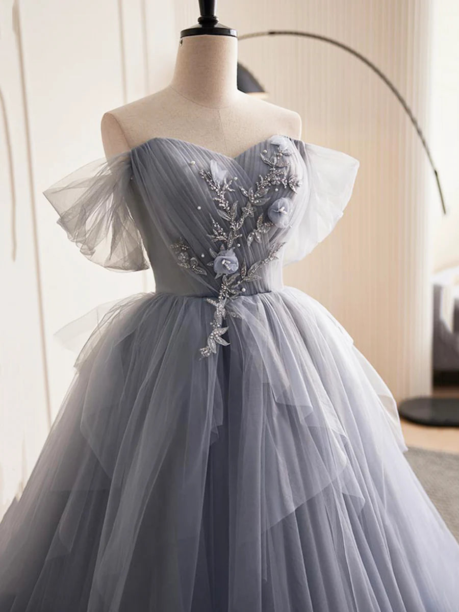 Gray Tulle Long A-Line Prom Dress, Off Shoulder Evening Dress Party Dress nv1432