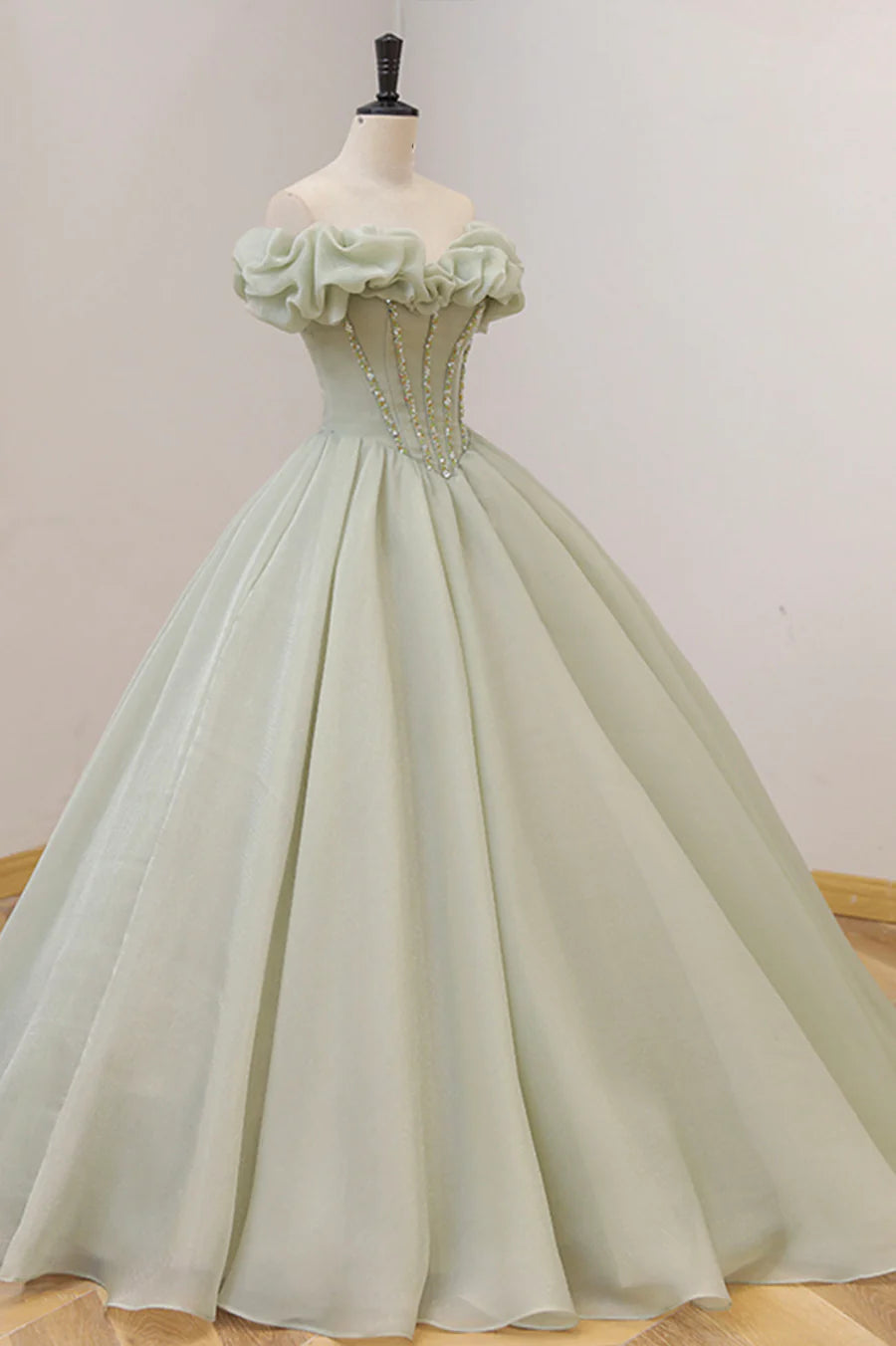 Green Ball Gown, A-Line Off the Shoulder Evening Gown with Beaded nv1589