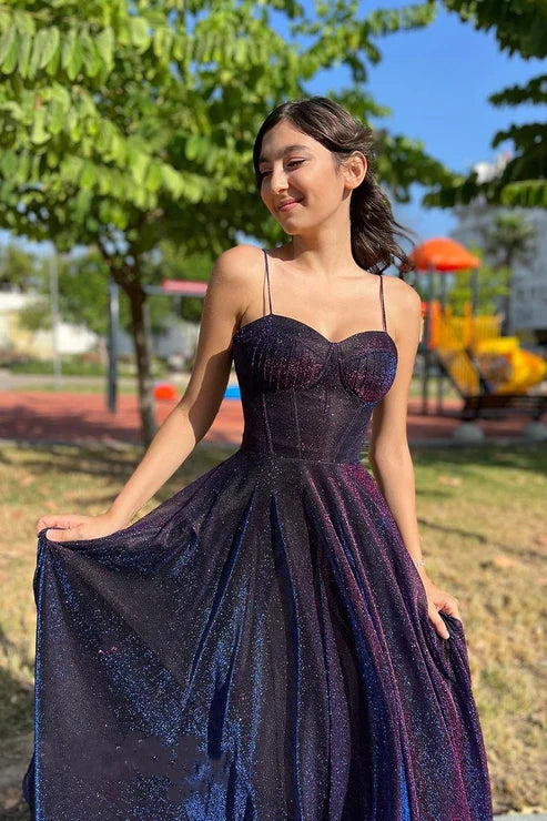 A-line sweetheart spaghetti strap glitter tulle long ball gown formal evening dress nv1759