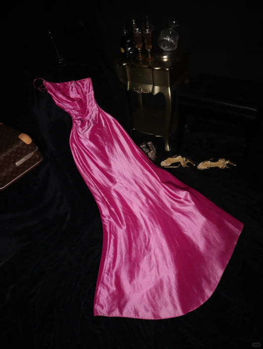 Pink One Shoulder Fashion Elegant Long Satin Prom Dress Evening Dress Party Dress nv4686