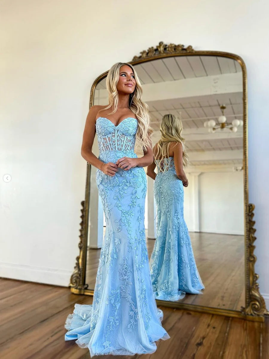 Mermaid Sweetheart Sleeveless Long Prom Dresses, Lace Evening Dresses nv1440