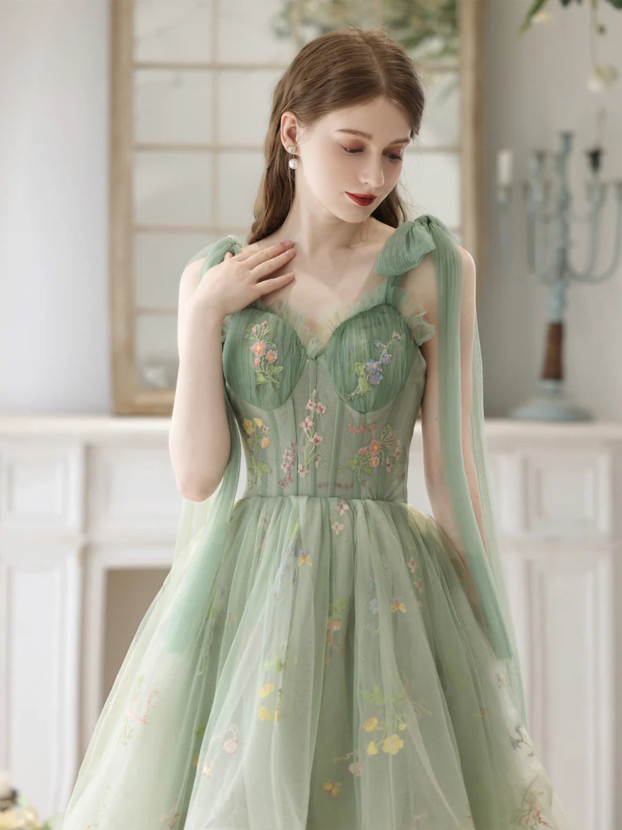 Lovely High Low Lace Party Dress, Green Tulle Short Prom Dress, Green Homecoming Dress nv1639