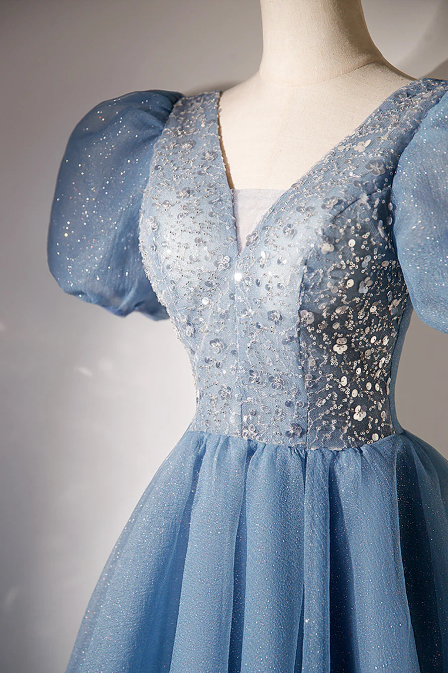 A-line V-neck Sequins Short Prom Dress, Blue Short Sleeve Evening Dress nv1640