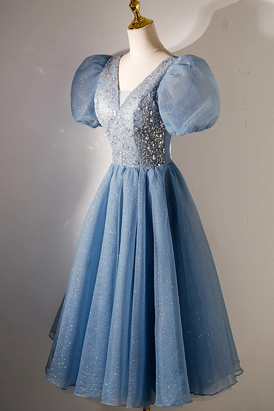 A-line V-neck Sequins Short Prom Dress, Blue Short Sleeve Evening Dress nv1640
