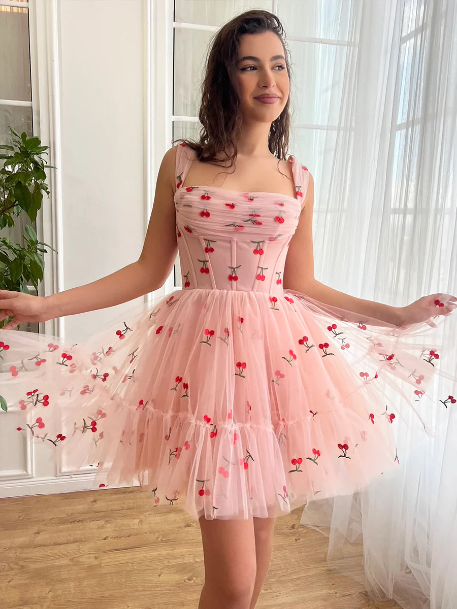 Cute Cherry Tulle Mini Prom Dress, Pink A-Line Lace-up Party Dress nv1633