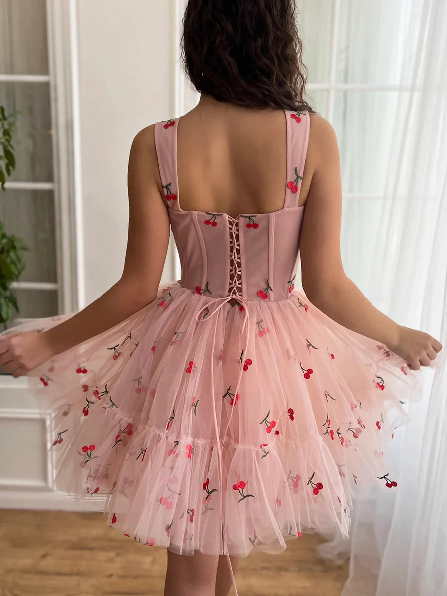 Cute Cherry Tulle Mini Prom Dress, Pink A-Line Lace-up Party Dress nv1633